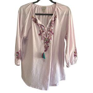 Chicos Embroidered Cotton Boho Top Pink Paisley 3/4 Sleeve Size 2/Large
